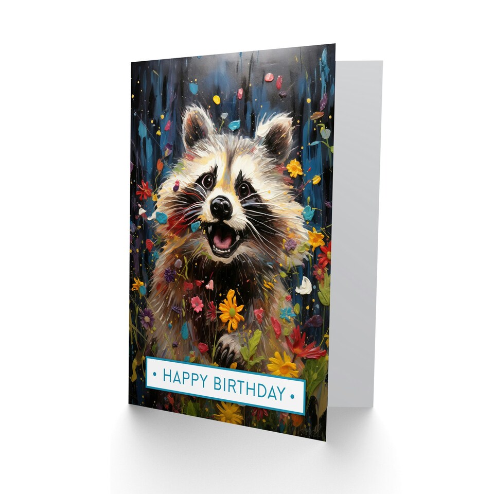 image 1 of Happy Birthday Playful Raccoon in Wildflower Meadow Birthday Card