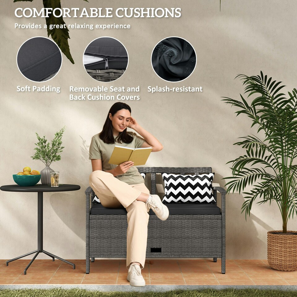 image 1 of Outsunny 160L Rattan Garden Storage Bench, Cushioned Outdoor Bench, Grey Grey