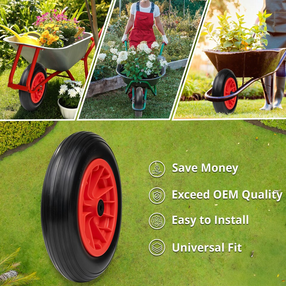 image 1 of PU Red 14" Replacement Puncture Proof Wheelbarrow Wheel 3.50-8 Solid Tyre UK
