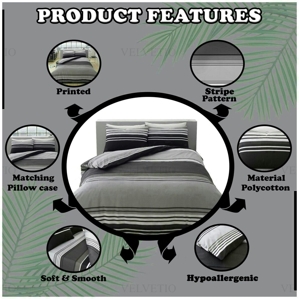 image 1 of VELVETIO Moxie Stripe Duvet Cover Set Reversible Polycotton Easy Care Beddings Black | Single