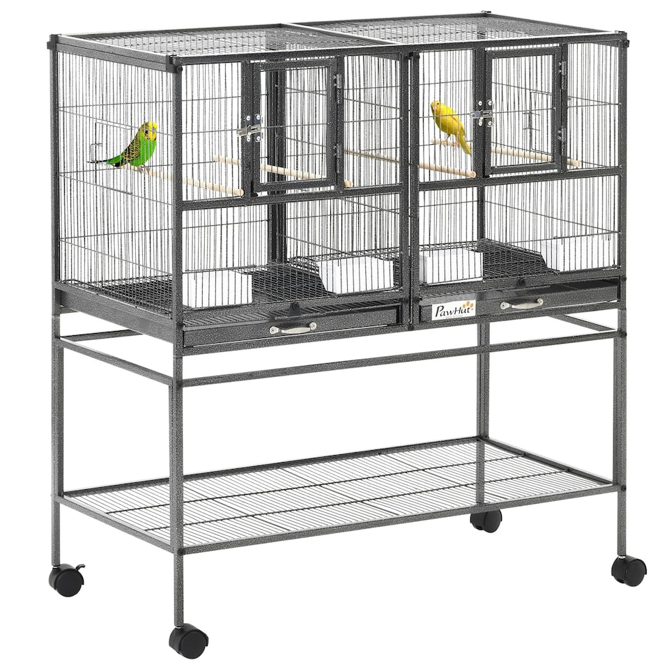 image 1 of PawHut Double Rolling Bird Cage with Removable Metal Tray and Storage Shelf