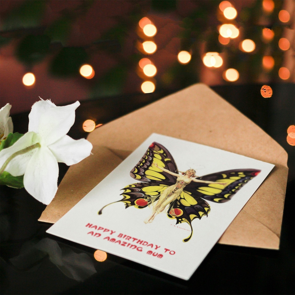 image 1 of 1920S Nouveau Butterfly Woman Elegant Fun Mum Birthday Card