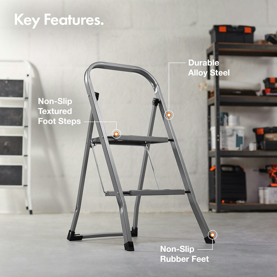 image 1 of VonHaus 2 Step Steel Folding Step Ladder with Anti Slip Feet