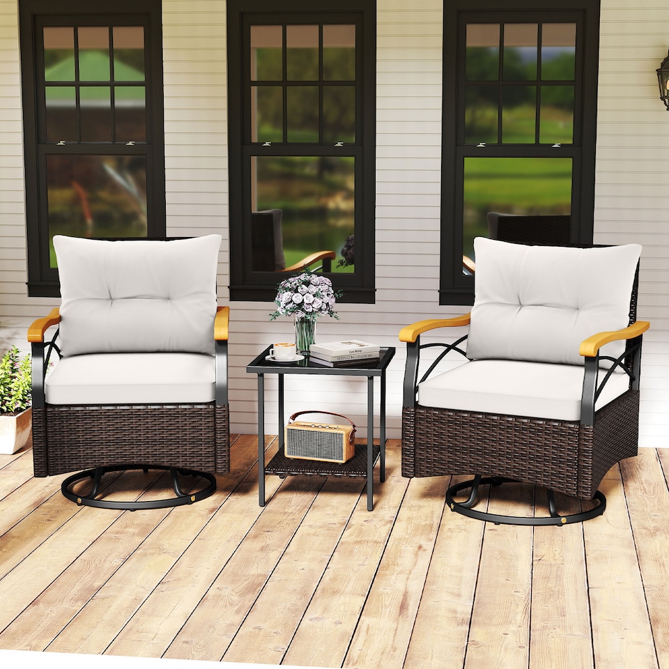 image 1 of COSTWAY 3 Piece Outdoor Swivel Chair Set Patio Wicker Rotating Chairs