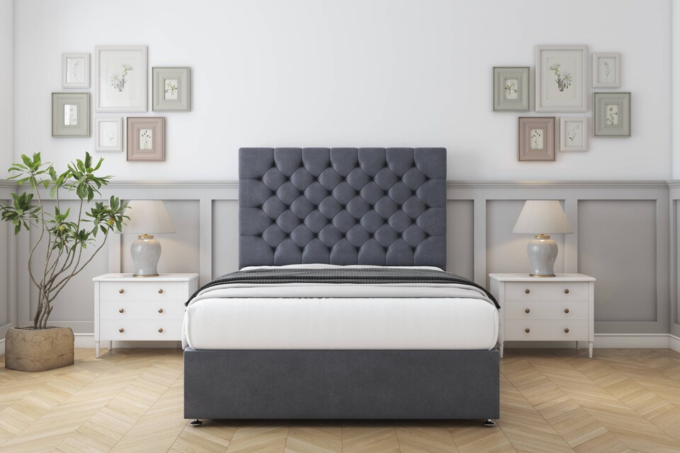 image 1 of Sloomy Mayfair Steel Plush Divan Bed With Mattress 4 Drawers With 26" Strutted Headboard 5' King | Grey | Steel | King | 1