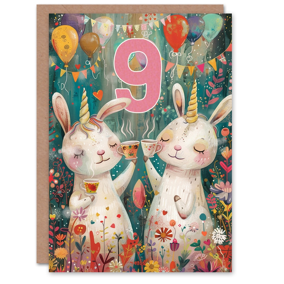 image 1 of Cute Bunny Unicorn 9th Birthday Card for Kids Son or Daughter