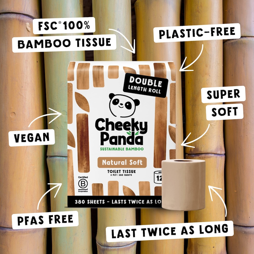 image 1 of Cheeky Panda Double-Length Natural Colour  Bamboo Toilet Paper 12 rolls 380 3 ply sheets | Brown | Size: 12 Rolls | 12