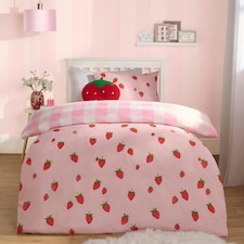 OHS Strawberry Print Gingham Reverse Soft Duvet Cover Bedding Set, Pink - Double | Pink | Double