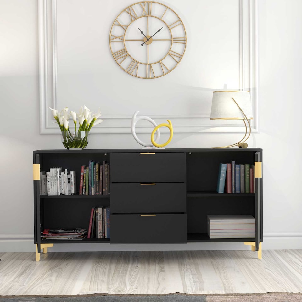 image 1 of Sideboard Cabinet Storage Cupboard Drawers Black Grooved Doors Loft Retro Industrial Living Dining Room Hallway Furniture 140cm
