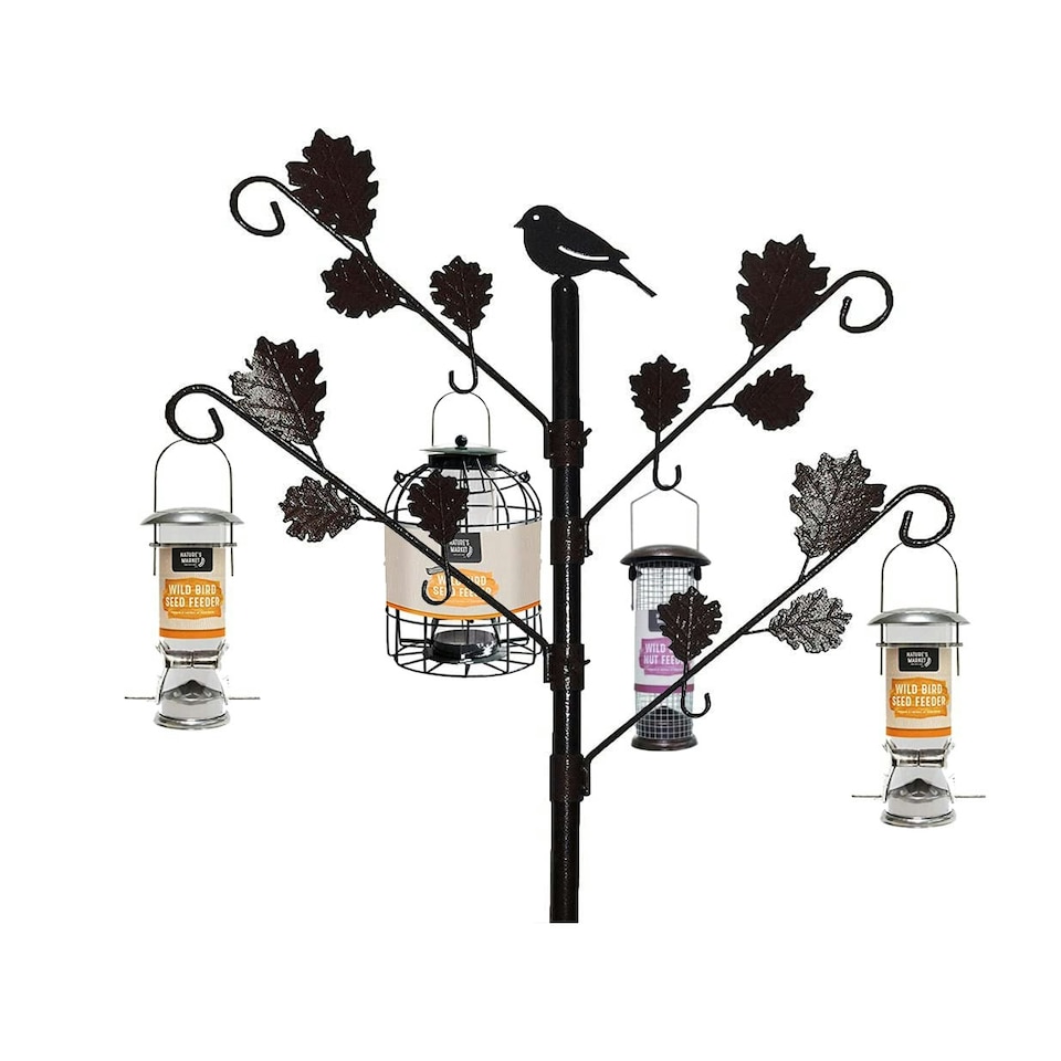 image 1 of Marco Paul Wild Bird Feeder Pole Station with Iron Leaves and 4 Adjustable Branches