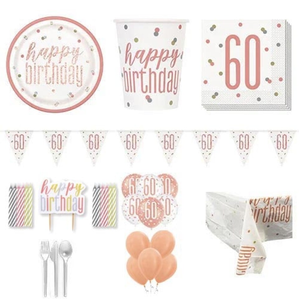 Rose Gold Glitz 60th Birthday 16 Person Deluxe Party Pack