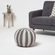 image 2 of Homescapes Off White and Grey Knitted Pouffe Striped Footstool - 35 x 40 cm