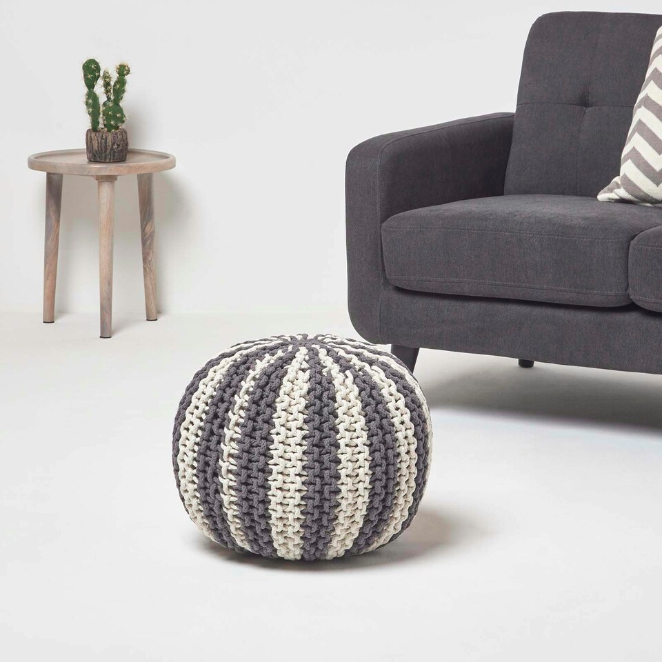 image 1 of Homescapes Off White and Grey Knitted Pouffe Striped Footstool - 35 x 40 cm
