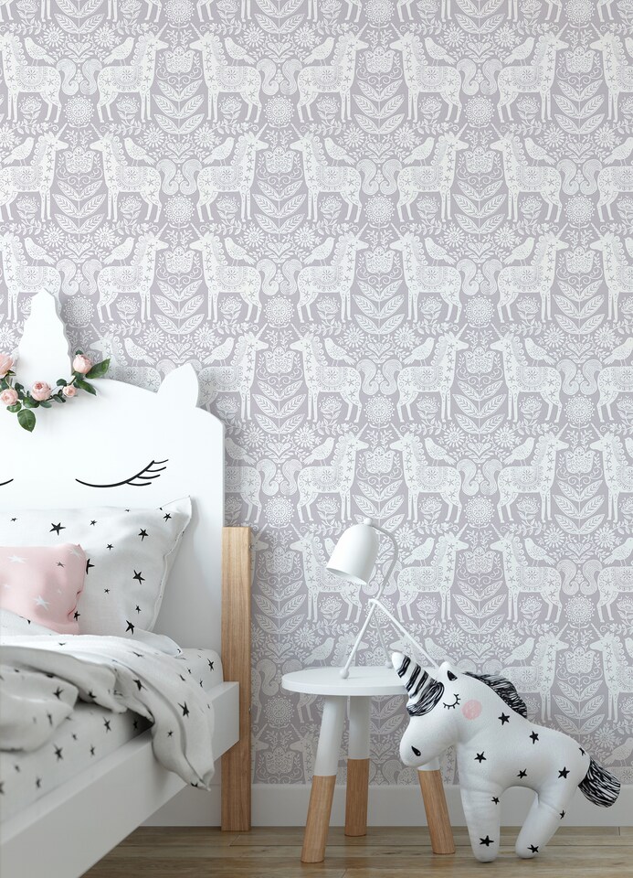 image 1 of NuWallpaper NUS4857 Unicorn Stamp Peel & Stick Wallpaper, Purple