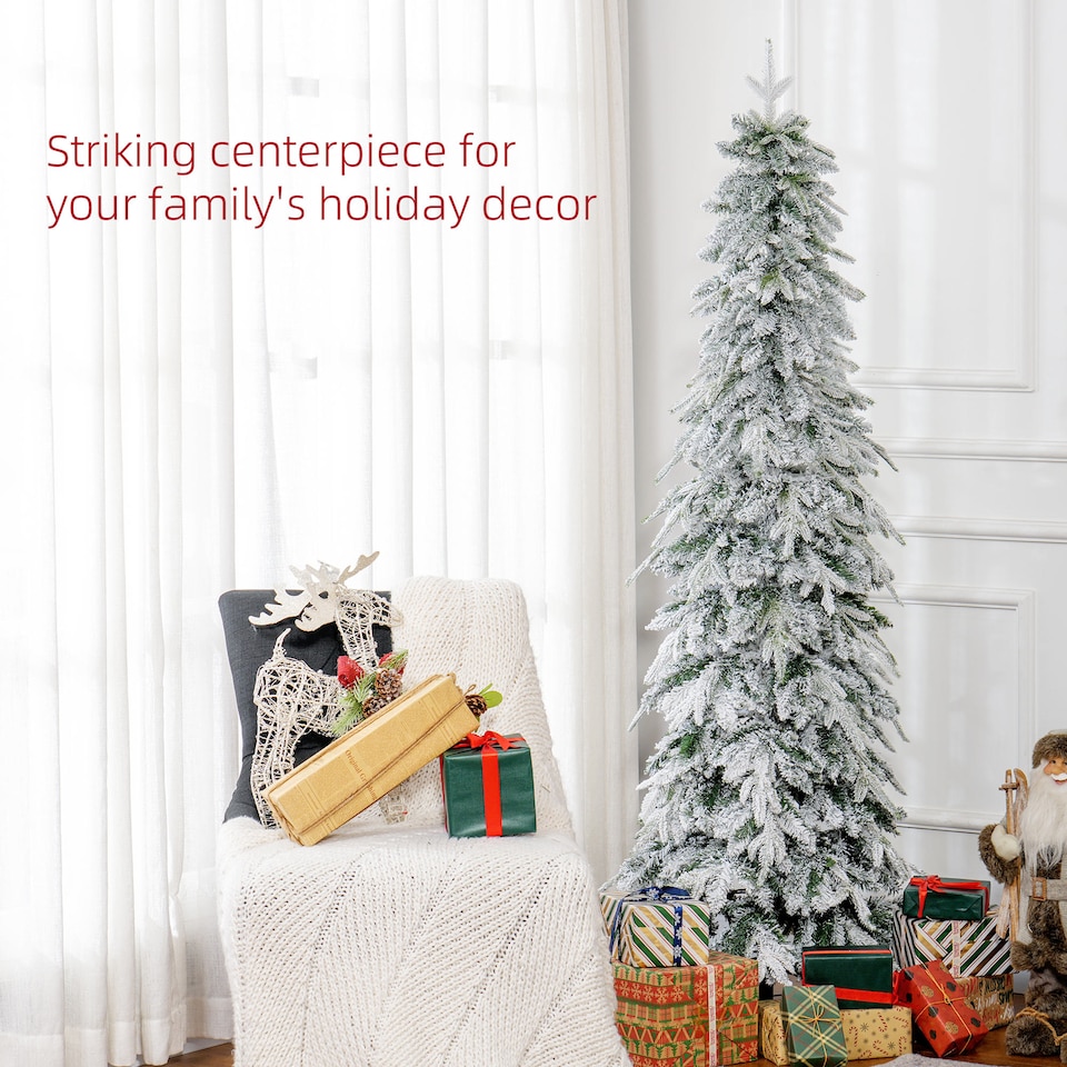 image 1 of HOMCOM 6ft Pencil Artificial Christmas Tree, Snow Flocked mas Tree with Downswept Branches and 600 Tips, Auto Open, Steel Base, Holiday Decoration for Home Office, Green