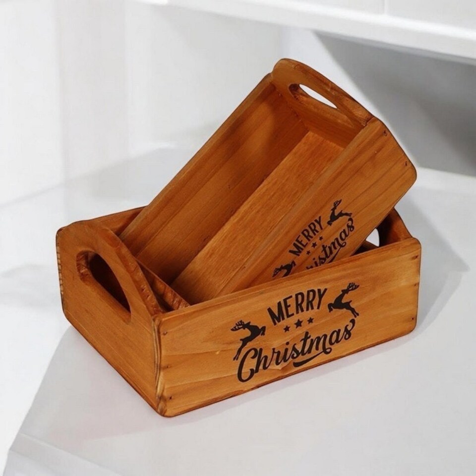 image 1 of "Merry Christmas" - Flower Planters (Set of 2) - Wood Brown