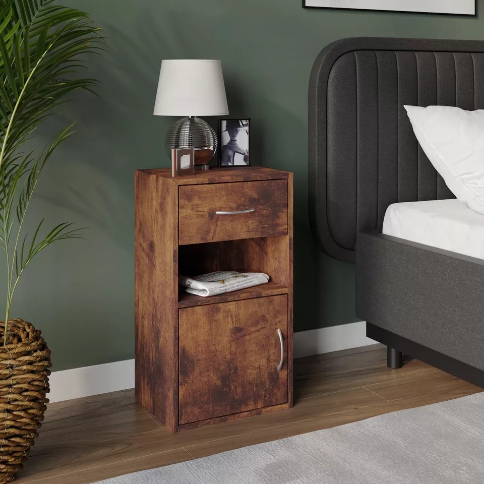 image 1 of 1-Drawer 1-Door Wooden Bedside Table | Brown | Colour: Rustic Brown | 1
