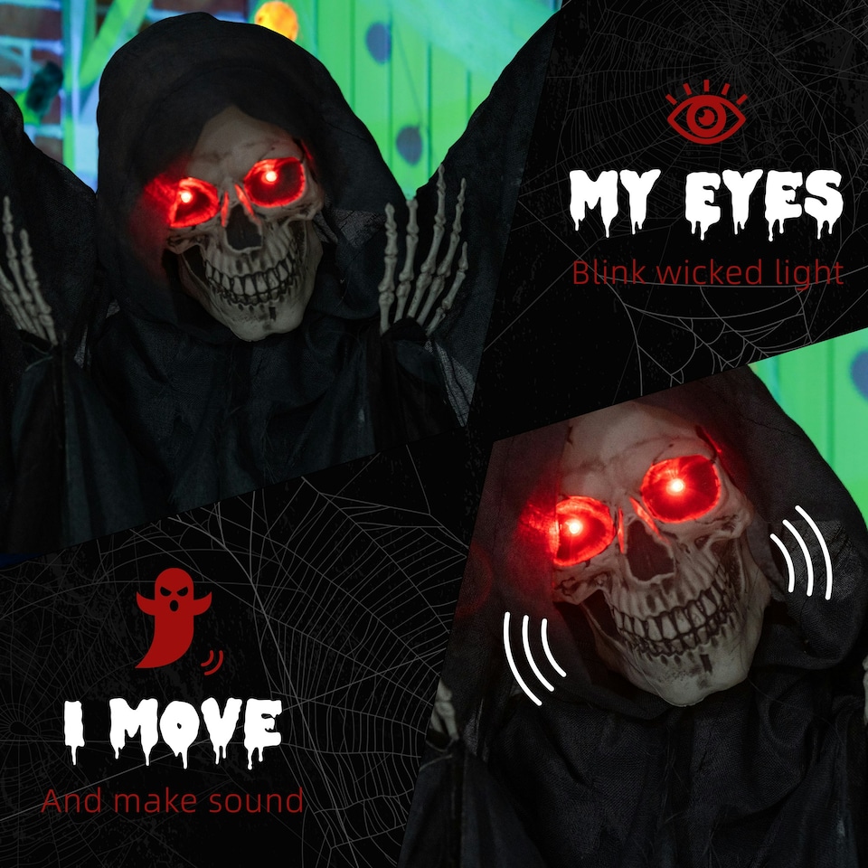 image 1 of HOMCOM Winged Grim Reaper Animatronic Prop w/ Light Up Eyes, for Haunted House