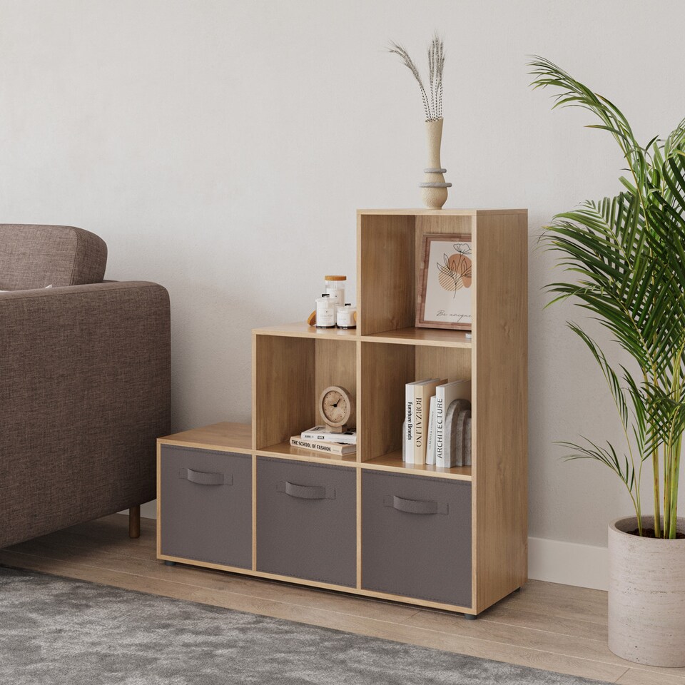 image 1 of 6-Cube Step Shelving Unit With Non Woven Inserts | Brown | Oak & Grey | 1