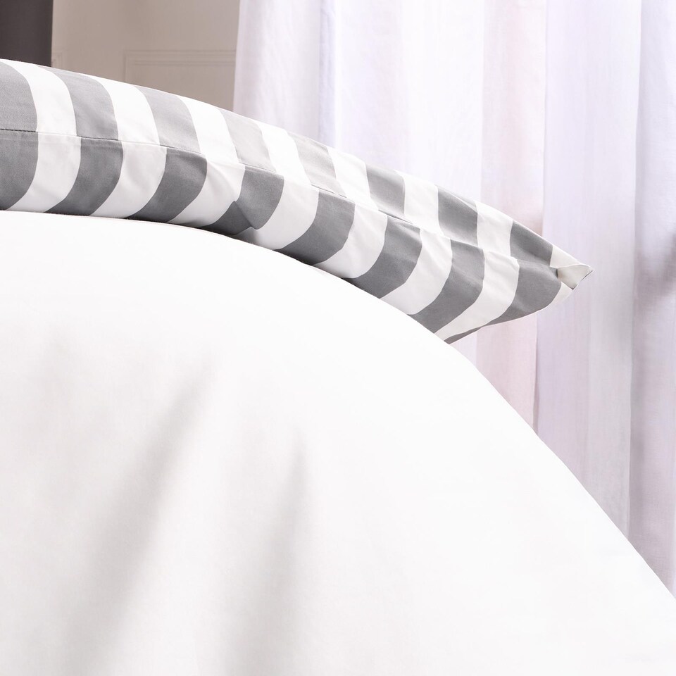image 1 of OHS Stripe Edge Bedding Set Microfibre Duvet Cover with Pillowcase | White | White/Grey | Single
