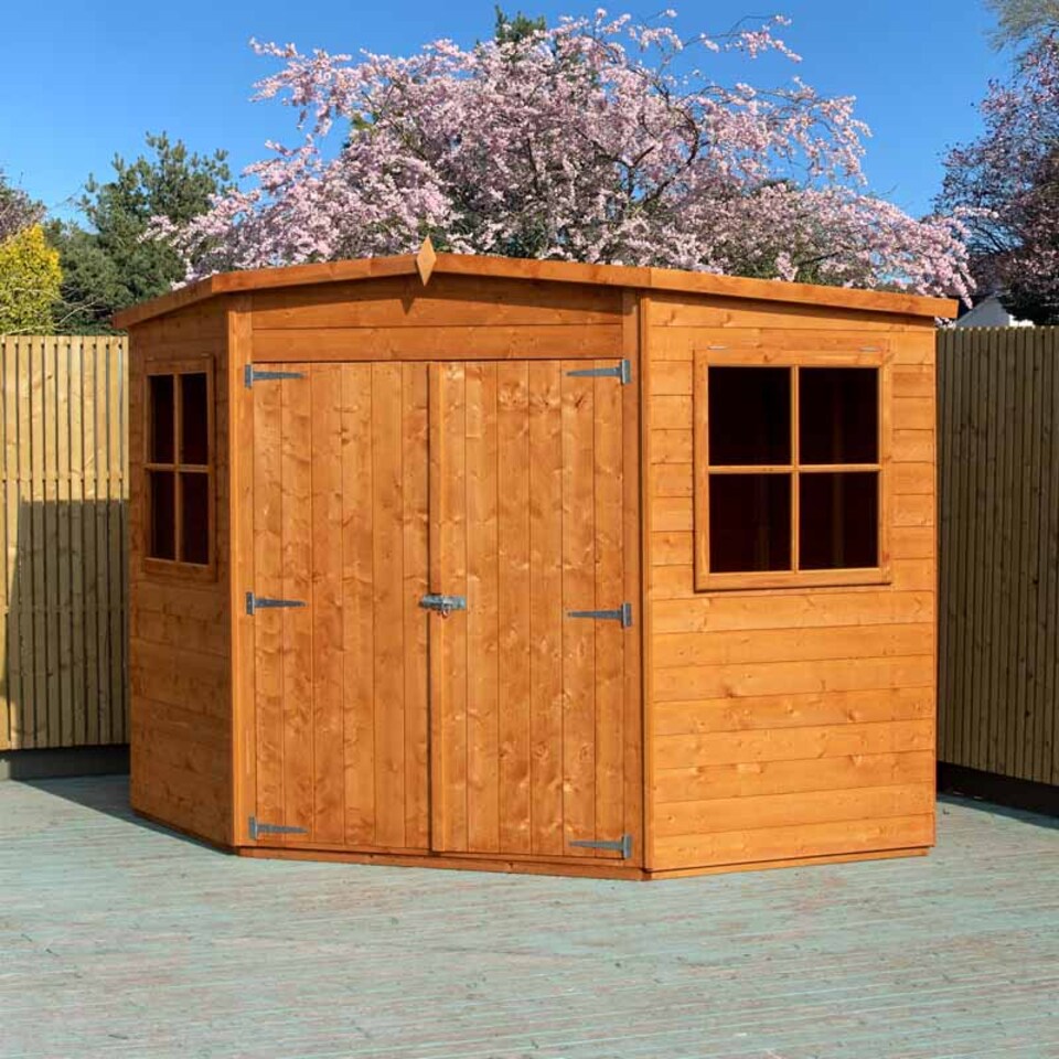 image 1 of Corner Shed Double Doors Tongue and Groove Garden Shed Workshop Approx 7 x 7 Feet - Honey Brown Timber Basecoat | Brown