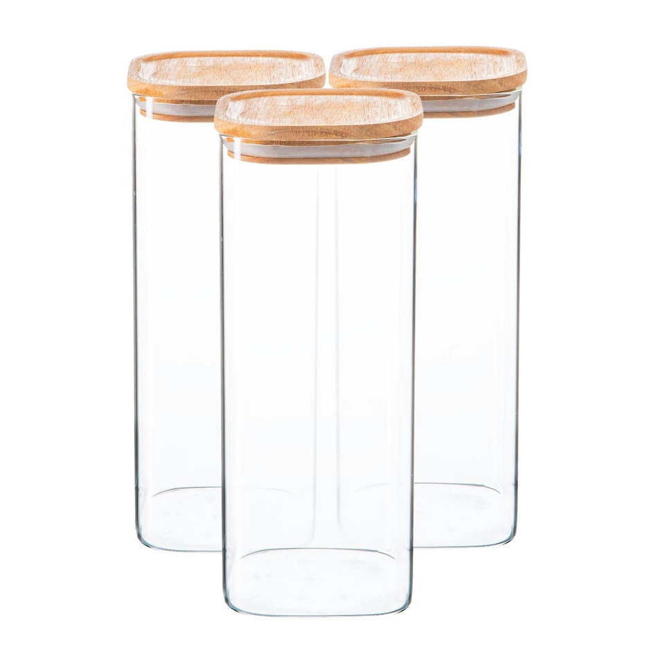 image 1 of Argon Tableware Square Glass Storage Jars with Wooden Lids - 1.9 Litre - Pack of 3