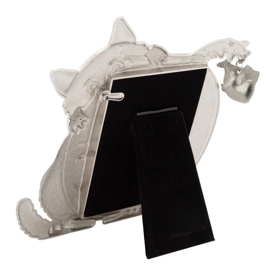 image 1 of Quirky Hiding Cat Themed Nickel Plated Picture Frame with Hanging Fish | Silver | 4" x 4"