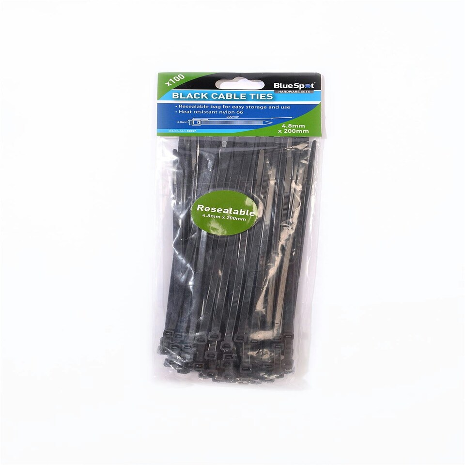 image 1 of Blue Spot Tools - 100 Pce 4.8mm X 200mm Black Cable Ties