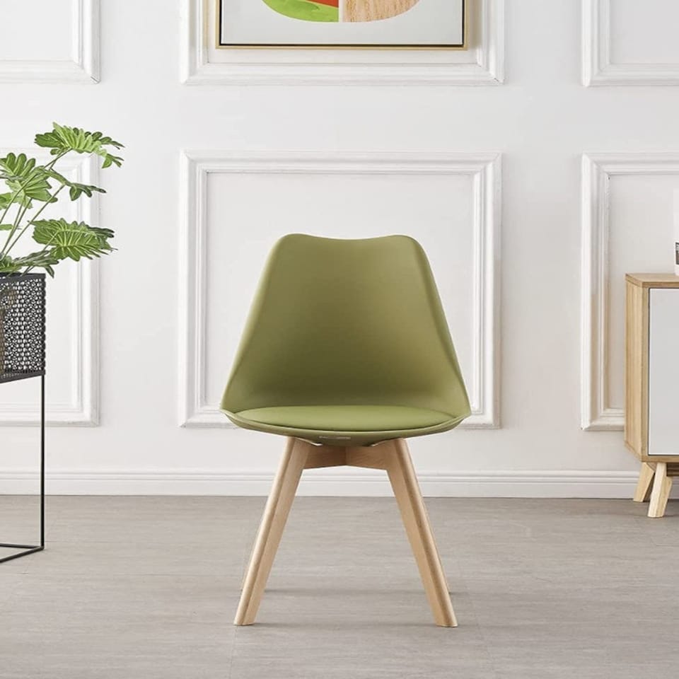 image 1 of 5PCs Dining Set - a White Round Dining Table & Set of 4 White Lorenzo Tulip chairs with Padded Seat | Green