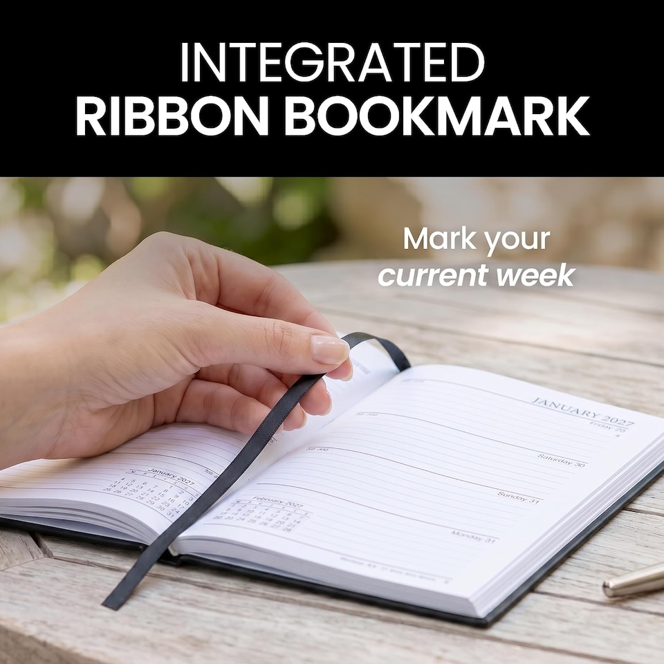 image 1 of 2027 Diary A5 Week to View - Hardback Planner Organiser with Ribbon Bookmark - Weekly Appointment Journal Notebook (Black) | Black | Black