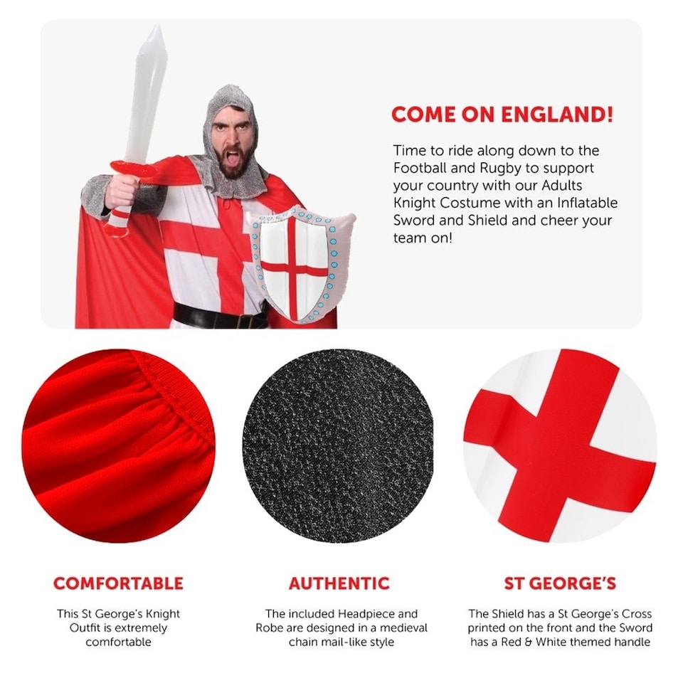 image 1 of St George Knight Costume with Inflatable Sword and Shield | Red | L
