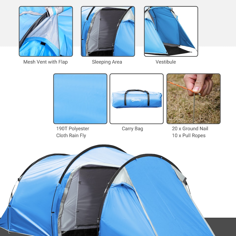 image 1 of Outsunny 3 Man Camping Tent with 2 Rooms Porch Vents Rainfly Weather-Resistant