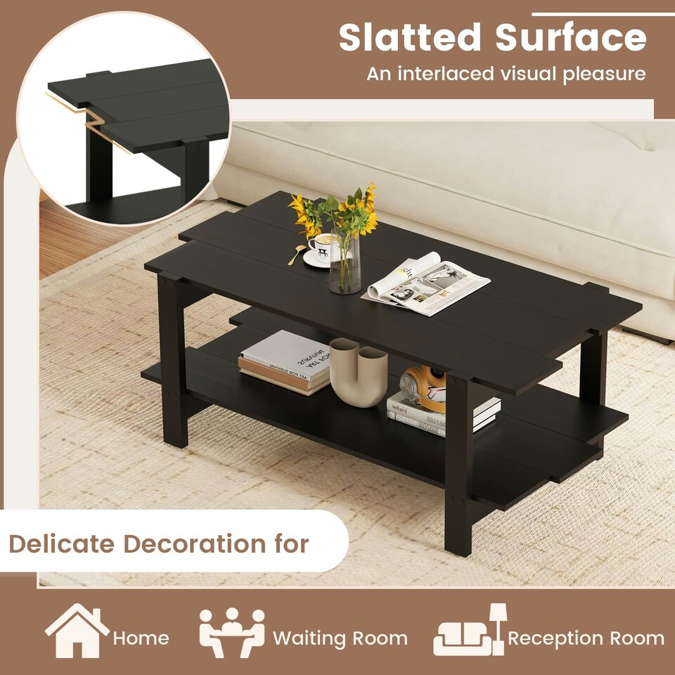 image 1 of COSTWAY 2-Tier Coffee Table Slatted Wood Center Table Black Black