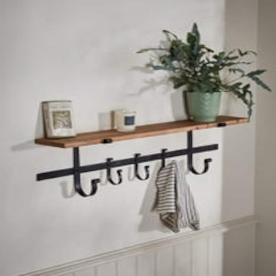 image 1 of Rustic Pine 92cm Shelf with Hooks Brown