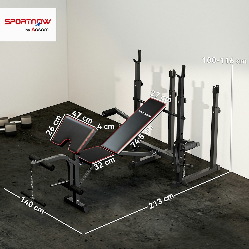 image 1 of SPORTNOW Weight Bench with Two Barbell Racks, Preacher Curl Bench