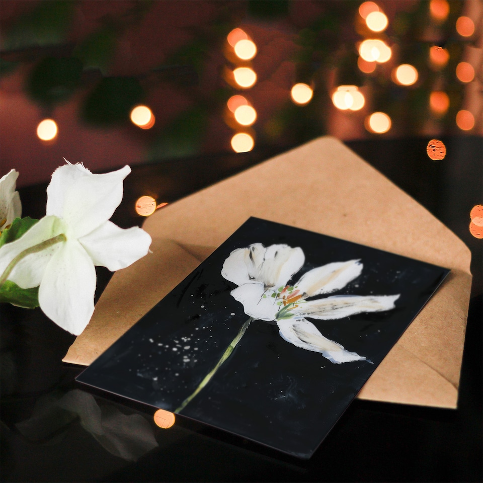 image 1 of Greeting Card Abstract White Lily Flower Black Floral Painting