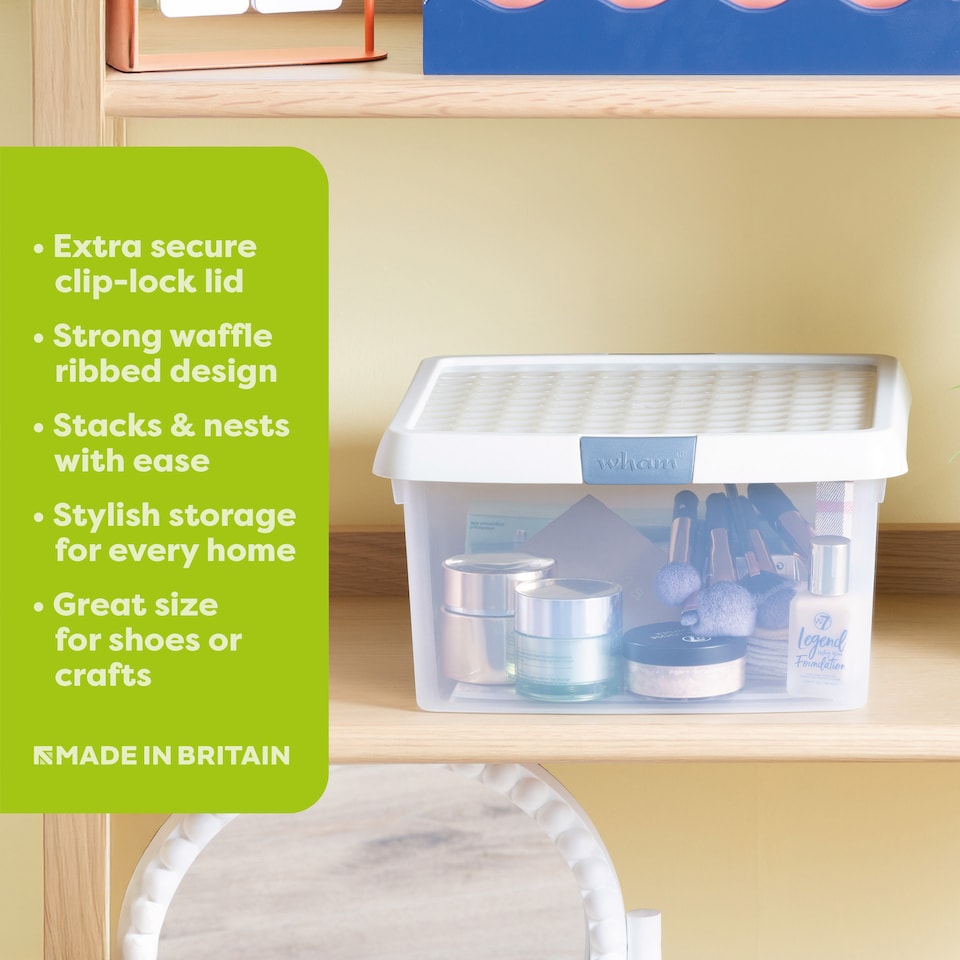 image 1 of Wham Clip 5x 9L Square Plastic Storage Boxes with Clip Lock Lids. Ideal for Home, Office, Toys & More - Clear/Stone | Cream | Stone | 5