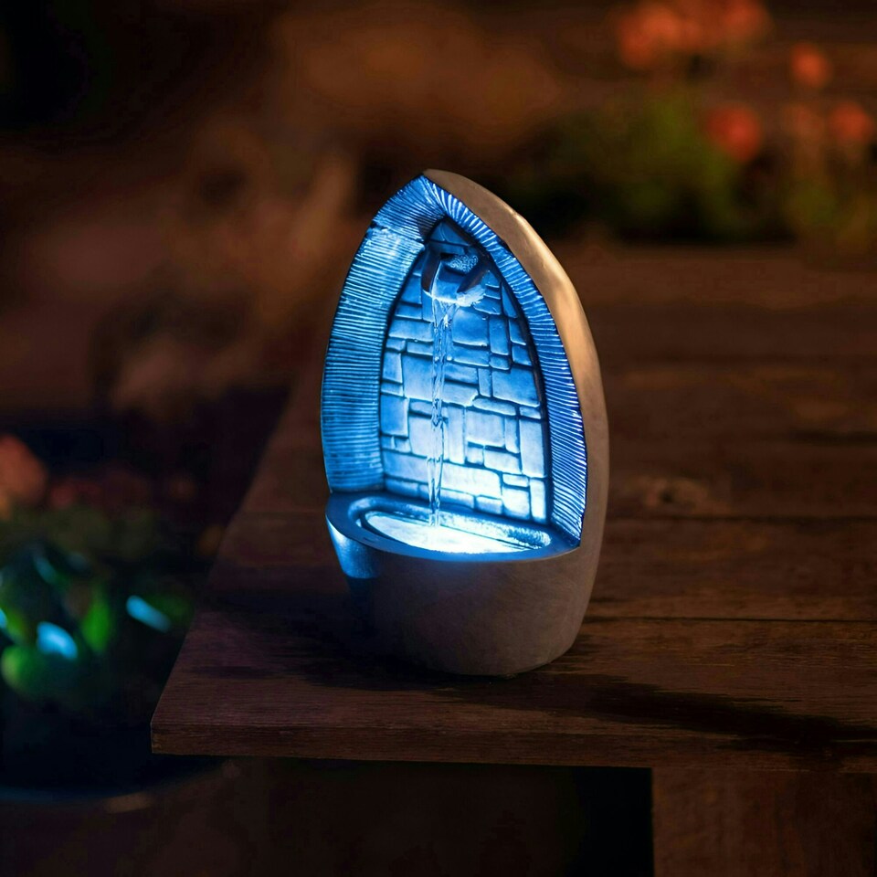 image 1 of Primrose Tabletop Gothic Arch Water Feature Cascade Fountain with Lights 36cm