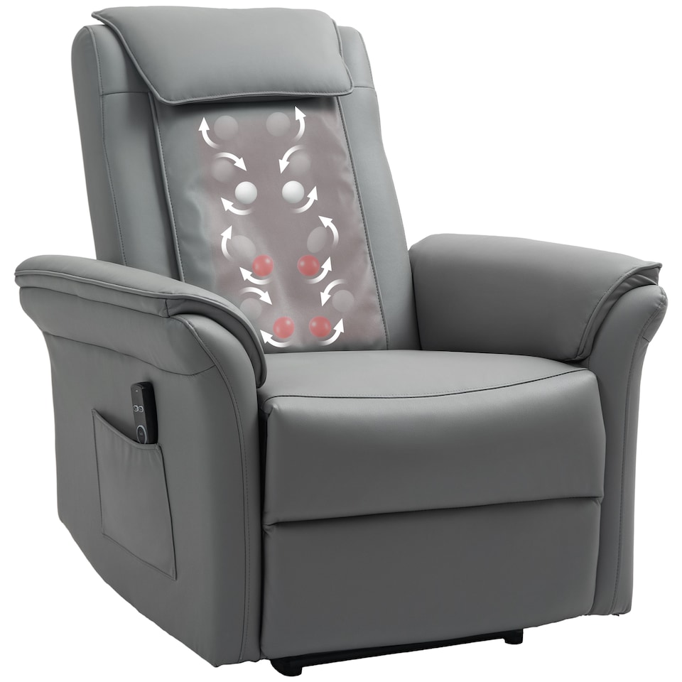 image 1 of HOMCOM Recliner Armchair with 3D Kneading Massage, Breathable Leather Recliner Chair with Back Massager and Headrest, Electric Reclining Chair with Footrest, Remote, USB Port, Side Pockets for Home | Grey | One Size
