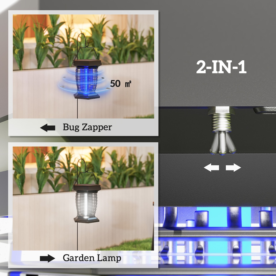image 1 of Outsunny 2-in-1 Electric Fly Zapper with UVA Light, Hanging Garden Lantern, Solar and USB-DC Rechargeable Insect Mosquito Bug Zapper, Fly Killer for Indoor and Outdoor Use, Black