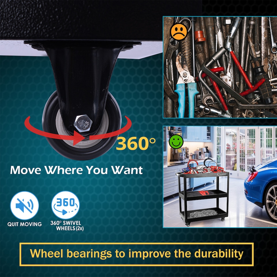 image 1 of Heavy Duty Tool Storage Trolley 3 Tier Wheel Cart for Garage, Workshop & DIY Projects Black