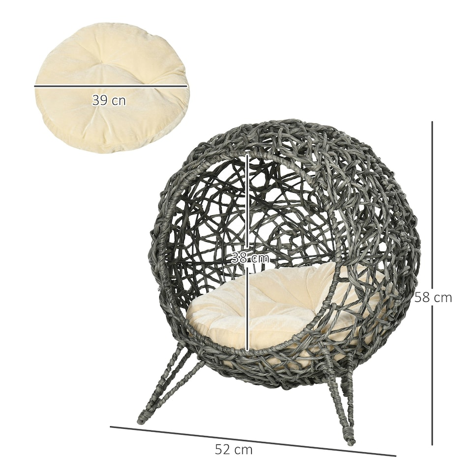 image 1 of PawHut Rattan Elevated Cat House Kitten Bed Pet Furniture w/ Cushion Grey