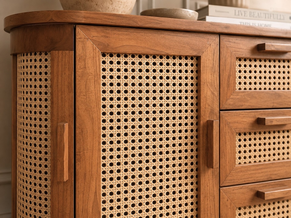 image 1 of Solid Mango Wood Sideboard Buffet Cabinet with Cane Doors & Drawers – Dark Oak Finish Credenza Storage Cabinet, No Veneer Console Table, Fully Assembled with Legs to Attach, Mid Century Modern Furniture