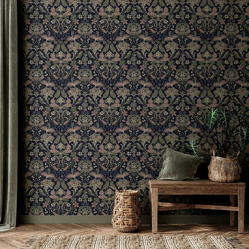 image 1 of World Of Wallpaper Folk Floral Textured Wallpaper - Navy/Pink/Olive - 10m x 53cm Blue