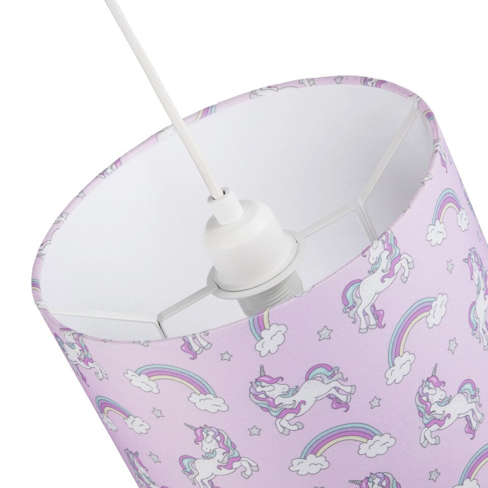 image 1 of Beautiful Modern Soft Lilac Cotton Lampshade with Unicorns Clouds and Rainbows | Purple | 10"