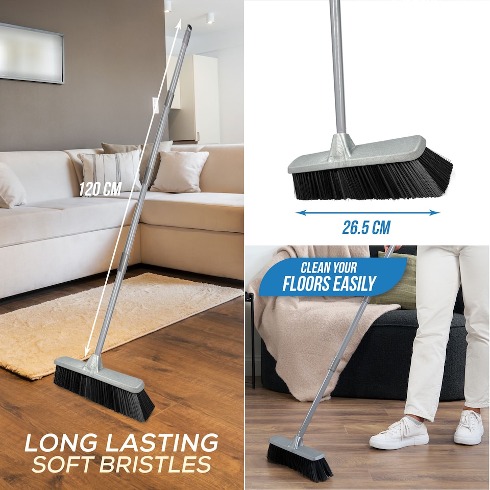 image 1 of Soft Indoor Broom Perfect for Laminate, Vinyl or Wooden Floor with Multi-section Handle and Flagged Bristle