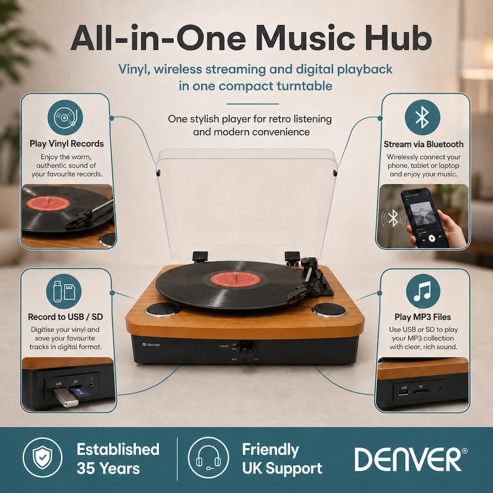 image 1 of Lightwood Vinyl Record Player With Stereo Speakers - Bluetooth Send & Receive - USB & SD Recording - AUX IN & RCA Out