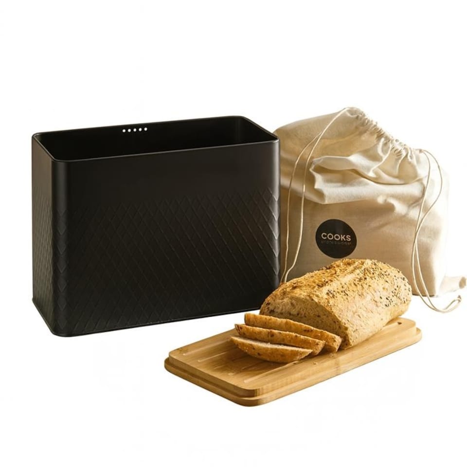 image 1 of Cooks Professional Diamond Pattern Bread Bin with Linen Bag & Bamboo Cutting Board Lid | Black | Black | 1