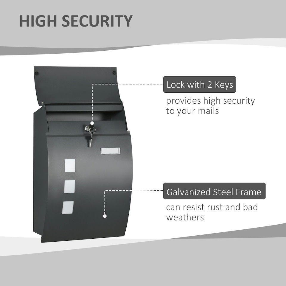 image 1 of HOMCOM Weatherproof Wall Mounted Letter Box Post Box with Keys Anthracite Grey Grey