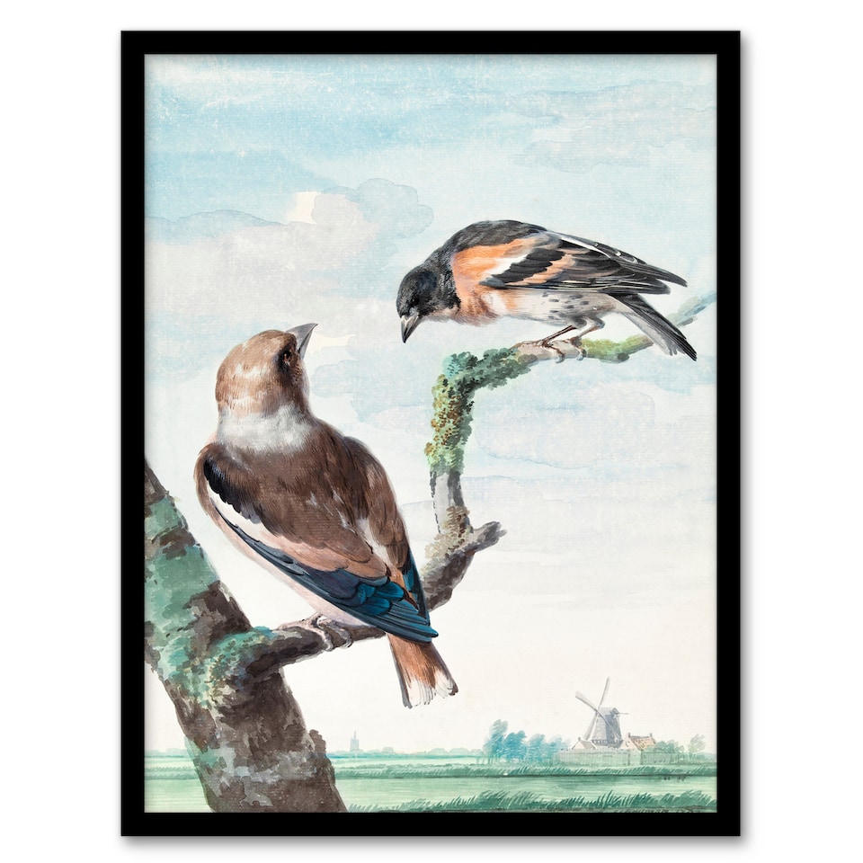 image 1 of Aert Schouman Framed Wall Art Two Hawfinch Birds in Rural Landscape Home Décor